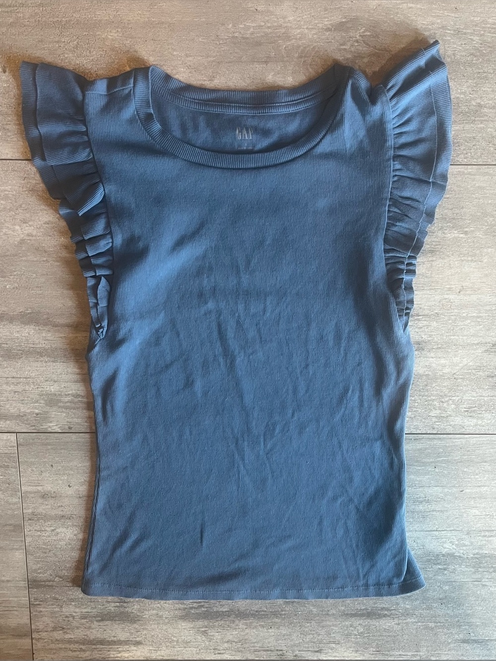 GAP Women's Blue Ribbed Ruffle Sleeve Tee, Large